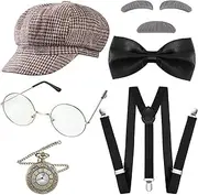 [Dusehu] Clyde Costume Men - Vintage Fedora Hat, Pocket, Pre Tied Bow Tie | 20s Accessories Costume Set for Themed
