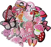 MISDONR 30pcs Pink Embroidered Iron on Patches Assorted Size DIY Patches Applique for Girls Clothing Jackets Jeans Pants Backpacks