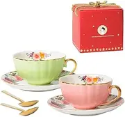 Porcelain Tea Cup with Saucers and Spoon, 2 Sets of 8 Oz Floral Coffee Mug with Gold Trim Holder, Royal Ceramic Teacup Set, Espresso Latte Mugs for Wedding Birthday Table Supplies (Pink + Apple Green)