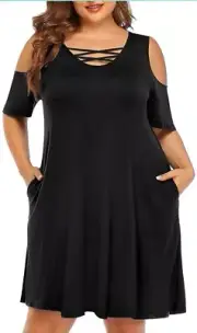 Pinup Fashion Women's S Black Cold Shoulder Mini T-shirt Dress Cross Cross NWT