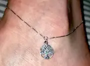 Anklet 1MM Box Chain Tree of Life Charm Solid Sterling Silver