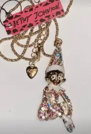 Betsey Johnson Crystal Rhinestone Christmas Elf 3D Shelf Necklace Multi Color 3”