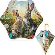 [ODAWA] Children Umbrellas Painting Bunnies Meadow Spring Children Umbrella Easy Open and Close Stick Umbrella With Classic J Hook Curved