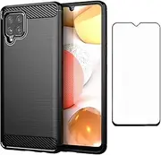 Asuwish Phone Case for Samsung Galaxy A42 5G with Tempered Glass Screen Protector Cover and Cell Accessories Silicone TPU Soft Slim Protective A 42 G5 42A S42 4G 2021 Carbon Fiber Women Men Dark Black