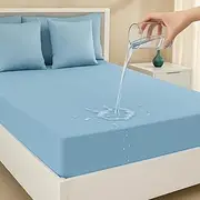 Sanushaa 100% Waterproof Premium Cotton Feel Mattress Protector – King Size 78x72 Inch, Ultra Soft, Breathable, Anti-Allergy, Dust-Mite Proof, Fitted Gadda Cover (Sky Blue), 2-Year Warranty*