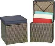 MEDIMALL Patio Wicker Ottoman Set of 2, Multipurpose Outdoor Footstool w/Removable Cushions, Rattan Side Table w/Storage, Footstool Ottoman Seat for Garden, Backyard, Poolside (Navy)