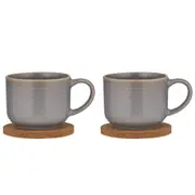 2x 2pc Ladelle Melange Stoneware/Cork 500ml Drink Mug & Coaster Set Light Grey