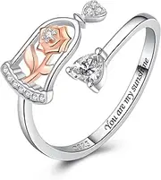 JXJL Beauty and the Beast Rose Ring for Women - 925 Sterling Silver Adjustable Rose Rings Jewelry Gifts for Women Teen Girls