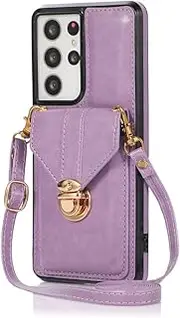 Crossbody Leather Phone Case for Samsung S20 FE S21 Plus S22 Ultra A52s A12 A33 A53 5G Wallet Lanyard Card Holder Cover,Violet,for Galaxy A32 4G