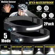 COB+LED Motion Sensor Headlamp USB Rechargeable Band Torch Headlight Flashlight