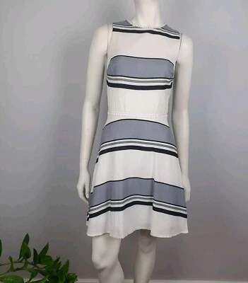 Oasis Size 12 Linen Viscose A Line Dress Striped Lined Round Neck Women NEW