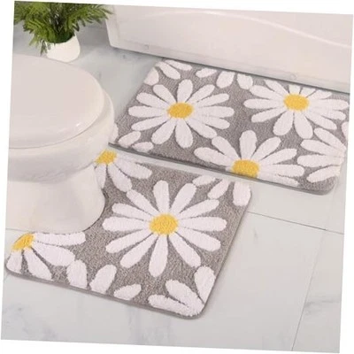 Bathroom Rugs Set 2 Piece, Cute Daisy Bath Mat Gray Toilet Rug U Shaped,