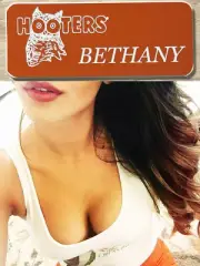 ~NEW~HOOTERS Girl Uniform Fun Collectible Pin Badge Orange BETHANY NAME TAG