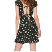 Free People Dress Womens Medium Black Blue Floral Cap Sleeve Linen Blend Ladies