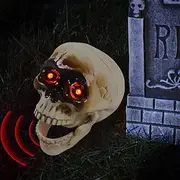 Halloween Electric Skull Head with Sound Control Sensing Glow and Scary Mouth Open for Prank Decorative Hanging