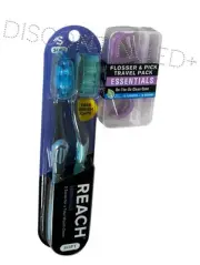 2x REACH Essentials Soft Toothbrush with Caps And Flosser & Pick Travel Pack
