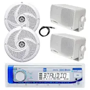 Marine Bluetooth Receiver, 2x 4" 100W + 2x 3.5'' 200W Speakers (White), Antenna