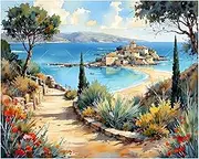Island Seaside Path Paint by Numbers Kit for Adults - DIY Ocean Cliff Walkway Painting on Canvas 16x20 Inches, Acrylic Paint Set, Suitable for Beginners,Coastal Art for Home Decoration/Gifts