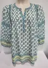 Rose+Olive Ivory/Teal Floral Boho Tunic Pintuck 3/4 Sleeve Blouse Plus Size