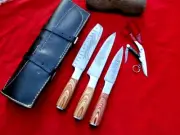 3 x Handmade Damascus Steel Kitchen Chef Knife & Hunting in LEATHER ROLL+FREE...