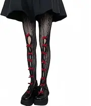 [LOITHGU] Rose Pattern Striped Net Tights for Women, With Kawaii Bow stockings, Vintage Fishnet