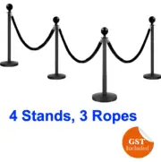 4 BLACK Queue Barriers Stand Post 3VELVET Ropes Crowd Control Bollards Stanchion