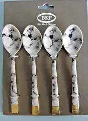 BKP Fine Tableware Set Of 4 Teaspoons Enamel On Silver Metal Gray/Black Marble