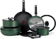 T-FAL Ingenio Nonstick Cookware Set 14 Piece Induction Stackable, Detachable Handle, Removable Handle, RV Cookware, Cookware, Pots and Pans, Oven, Broil, Dishwasher Safe, Forest Green