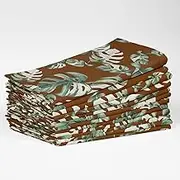 Designer Cotton Canvas Napkins - Set of 12, 20-Inch, Rich Brown Tone Tropical Leaves Print, Durable & Absorbent Cloth Napkins for Dining, Parties, and Home Decor - Machine Washable