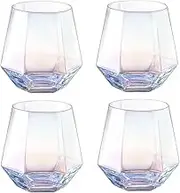 4 Pack Iridescent Wine Glass, Portable Stemless Wine Cup, Rainbow Glassware, Diamond Shaped Glass Cups, Wine Glasses for Whiskey Cocktail Bourbon Juice Water (5 * 6.3 * 9.3 CM) ﻿
