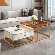 Coffee Table, Modern Style Coffee Cocktail Table Metal Frame 2 Nesting Coffee Table with Coffee Table, Marble Table & Metal Frame Drawer for Living Room Reception Room Office,A