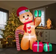 8FT LED Lighted Inflatable Gingerbread Man with Candy Cane and Gift Boxes