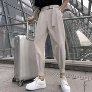 Mid Rise Plain Cropped Baggy Dress Pants Khaki - L (30)
