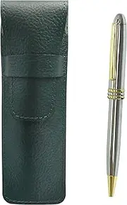 Grain Leather Pen Case Moss Green Brilliant Silver Rotating Ballpoint Pen Set SASMG-PD07