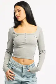 Grey Top Square Neck Long Sleeve - Size 16XL, Women's T-shirt