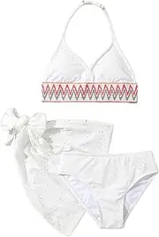 [COOLOYA] Girl's 3 Piece Bikini Set Boho Print Textured Halter Swimwear Bathing Suit Swimsuit