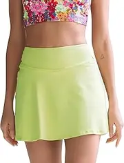 [Dona Jo] High Rise Women's Tennis Skirt w/Shorts - Tummy Control Athletic Skirt w/Deep Pockets-UVB Protection - Verde Tropical