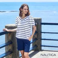 在飛比找momo購物網優惠-【NAUTICA】女裝 V領撞色條紋荷葉袖短袖T恤(白)