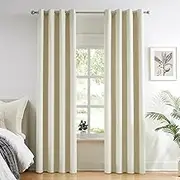 Melodieux Beige Cotton Textured Room Darkening Grommet Curtain Panels for Living Room, Bedroom Thermal Insulated Privacy Window Curtain Drapes, 52 by 84 Inch (2 Panels)