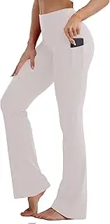 [BUBBLELIME] 29"/31"/33"/35"/37" 3 Styles Women's High Waist Bootcut Yoga Pants Basic/Out Pockets Tummy Control Workout Flare, Compression Feel Side Pockets_ivory, Medium