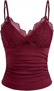 [CIDER] V-Neck Solid Lace Ruched Cami Top