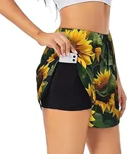 [GaxfjRu] Plants Theme Sunflower Print Women's Running Shorts High Waisted Running Shorts Pocket Sporty Gym Elastic Short
