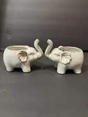Pair (2) Pottery Ceramic Matching Elephant Planters 4.5” High White Grey Gray