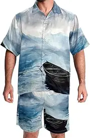 [KQNZT] Men's Hawaiian Short Set, Mens 2 Piece Short Set, Men Beach Outfits Sets, Lake Forest Deer Aurora, Mens Matching Shirt and Shorts Set