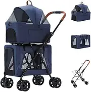 Travel Carrier Foldable Double Pet Pram Stroller for 2 Dogs/Cats, Double-Layer Pet Stroller Trolley Detachable Cage Cat Dog Strollers Pushchair Great for Twin or Multiple(Blue)