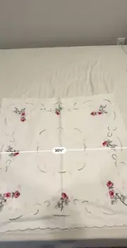 Embroidered linen vintage table cloth top topper 30 X 30 square Beautiful Roses