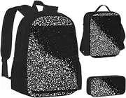 [ERCgad] Black White Glitter Print Canvas 3-In-1 School Bags Set Backpack Lunch Bag Pencil Case Combo For Men Women, Black, One Size