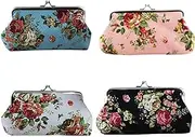 [Pokinge] 4Pcs Canvas Floral Rose Flower Coin Purse, Long Kiss Lock Wallet Vintage Large Flower Pattern Buckle Change Purse Women Wallet Clutch Purse, Fashion