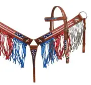 Painted American Flag Headstall Breast Collar Set With Fringe w/MATCH WITHER ST