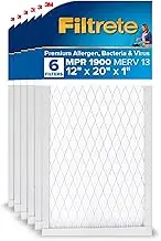 Filtrete 12x20x1 AC Furnace Air Filter, MERV 13, MPR 1900, Premium Allergen, Bacteria & Virus Filter, 3-Month Pleated 1-Inch Electrostatic Air Cleaning Filter, 6-Pack (Actual Size 11.81x19.81x0.78 in)